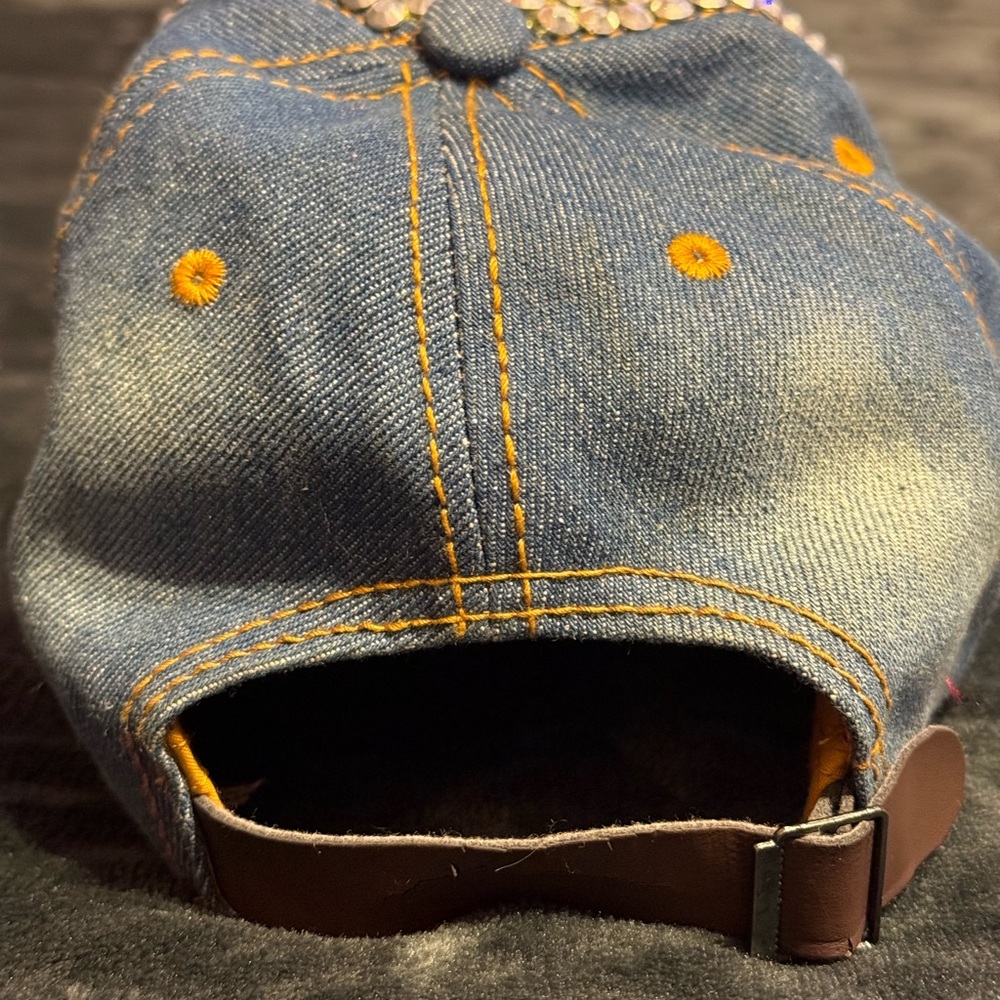Distressed Blue Denim Women’s Adjustable Cap Rhinestone Embellished Fashion Hat - Picture 3 of 7
